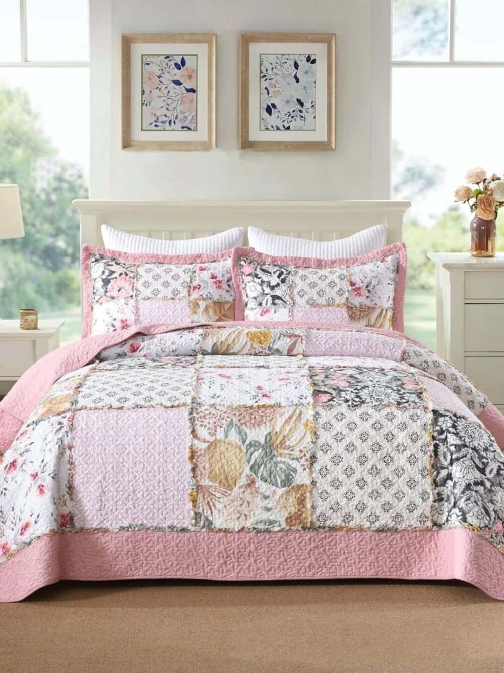 3-Piece Quilt Set Queen Size Quilted Bedspread Reversible Country Style Floral R